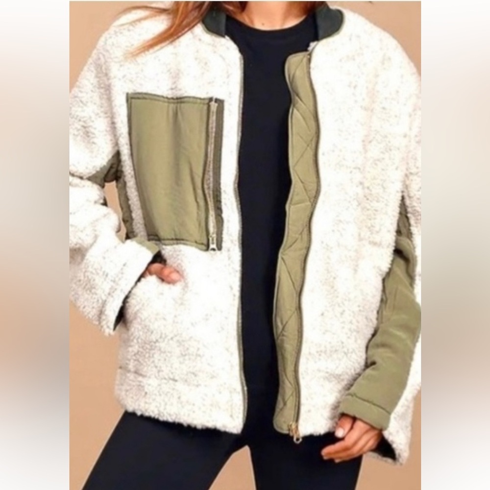 We The Free People Jacket M Rivington Olive Ivory Sherpa Oversized Zip